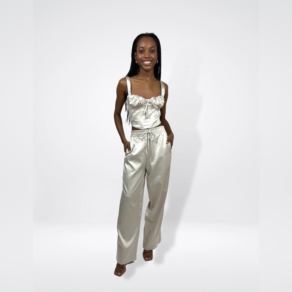 Pants - Cream Satin Top & Pants Set